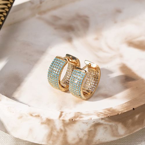 Brinco Argola 18mm com Nano Turquesa e Zircônias Brancas - Banho de Ouro 18k