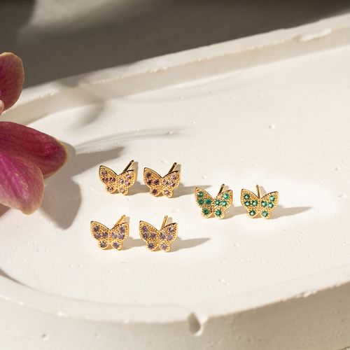 Kit com 3 Pares de Brincos de Borboletas com Zircônias Coloridas - Banho de Ouro 18k