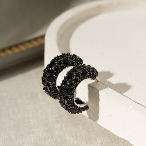 Brinco Argola Pontos com Zircônias Negras - Banho de Ródio Branco
