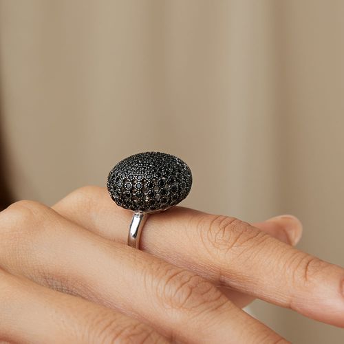 Anel Bolota com Zircônias Negras - Banho de Ródio Branco