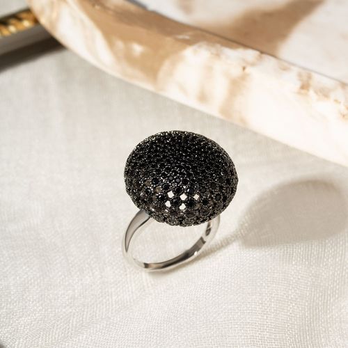 Anel Bolota com Zircônias Negras - Banho de Ródio Branco