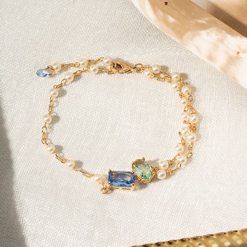 Pulseira Formas com Pérolas Coreanas, Cristal London Blue e Cristal Berilo 19cm - Banho de Ouro 18k