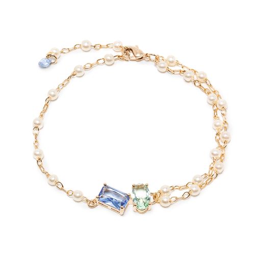 Pulseira Formas com Pérolas Coreanas, Cristal London Blue e Cristal Berilo 19cm - Banho de Ouro 18k