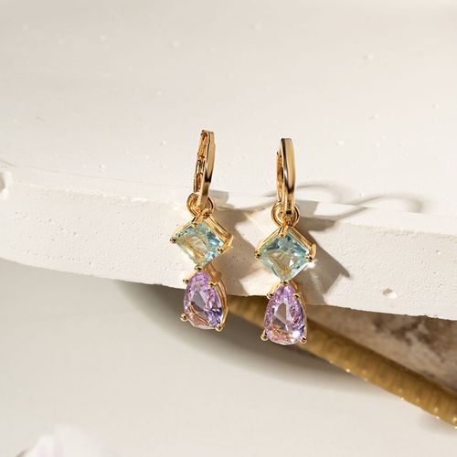Brinco Earbling Cristal Ametista e Cristal Topázio Azul - Banho de Ouro 18k