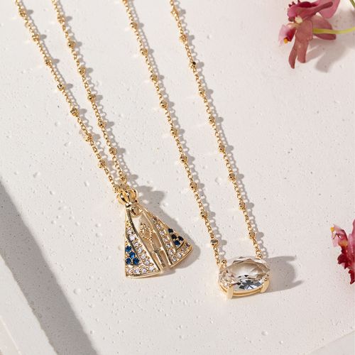 Colar Escapulário Nossa Senhora Aparecida com Zircônias Azul Escuro e Zircônias Brancas e Pingente Oval de Cristal 65cm - Banho de Ouro 18k