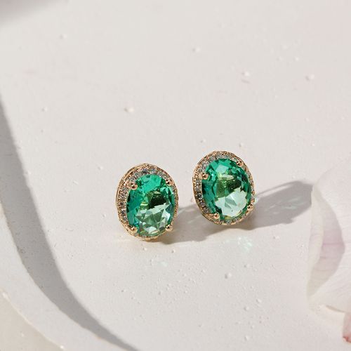 Brinco Top Oval com Cristal Paraiba e Zircônias Brancas - Banho de Ouro 18k