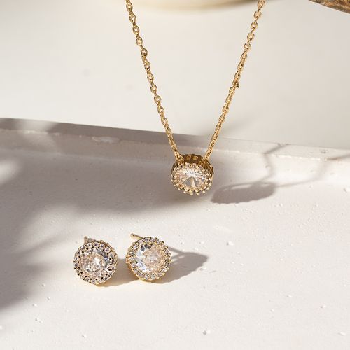 Conjunto Colar 45cm, Brinco e Anel Ponto de Luz com Zircônias Brancas - Banho de Ouro 18k