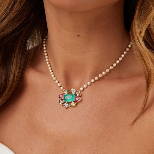 Colar Formas com Fusion Turmalina, Cristal Turmalina Rosa, Cristal Berilo, Cristal Topázio Fumê e Zircônias Brancas 47cm - Banho de Ouro 18k