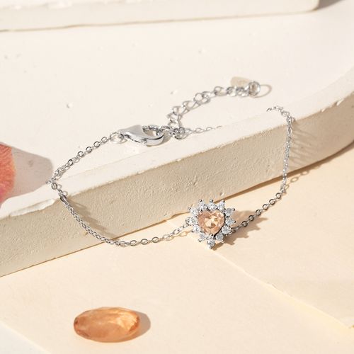 Pulseira Coração Cristal Morganita Cravejado com Zircônias Brancas 18cm - Prata 925