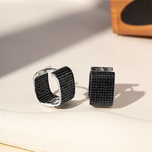 Brinco Argola 16mm Quadrada 9 Linhas com Zircônias Negras - Banho de Ródio Branco