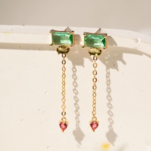 Brinco Retângular com Cristal Paraiba, Cristal Peridoto e Cristal Turmalina Rosa - Banho de Ouro 18k