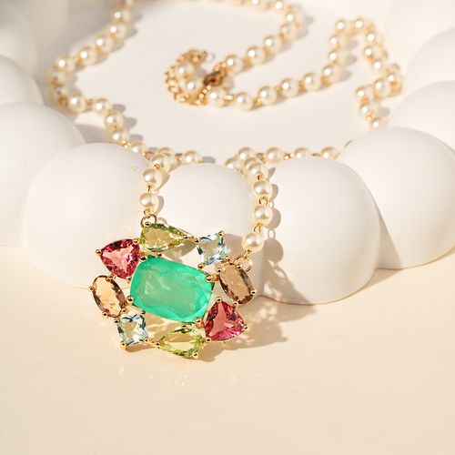 Colar Formas com Fusion Turmalina, Cristal Turmalina Rosa, Cristal Berilo, Cristal Topázio Fumê e Zircônias Brancas 47cm - Banho de Ouro 18k