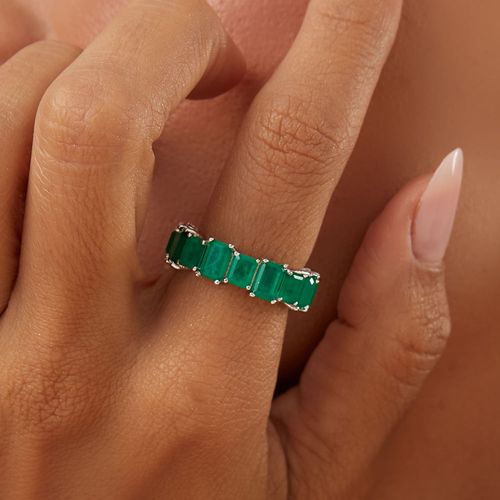 Anel Aliança com Retângulos de Fusion Esmeralda - Banho de Ródio Branco