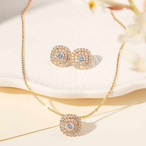 Conjunto Brinco e Colar Quadrado Cravejado com Zircônias Brancas 50cm - Banho de Ouro 18k