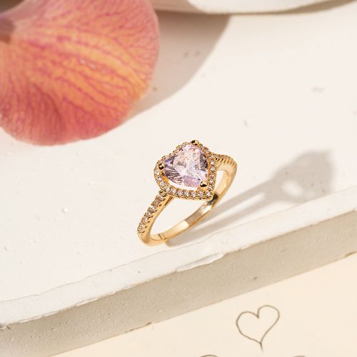 Anel Coração Cristal Light Pink e Zircônias Brancas - Banho de Ouro 18k