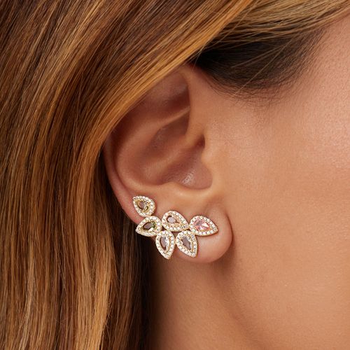 Brinco Earcuff Gotas com Cristal Quartzo Rosa, Cristal Topázio Azul, Cristal Ametista Verde e Zircônias Brancas - Banho de Ouro 18k