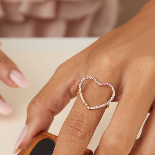 Anel Coração Vazado com Zircônias Coloridas - Banho de Ouro 18k