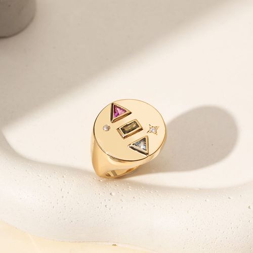 Anel Geometrico Round com Cristal Turmalina Rosa, Cristal Peridoto e Cristal London Blue - Banho de Ouro 18k