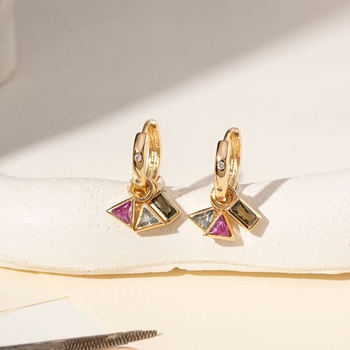 Brinco Earbling Argola 14mm Geométrico com Cristal Turmalina Rosa, Cristal Peridoto e Cristal London Blue - Banho de Ouro 18k