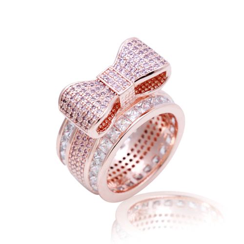 Anel zirconia rosa zirconia branca laço com baguetes aro15