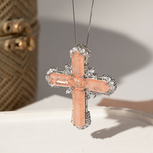 Colar Cruz de Fusion Morganita e Zircônias Brancas 50cm - Prata 925