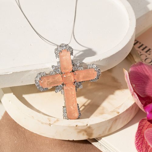 Colar Cruz de Fusion Morganita e Zircônias Brancas 50cm - Prata 925