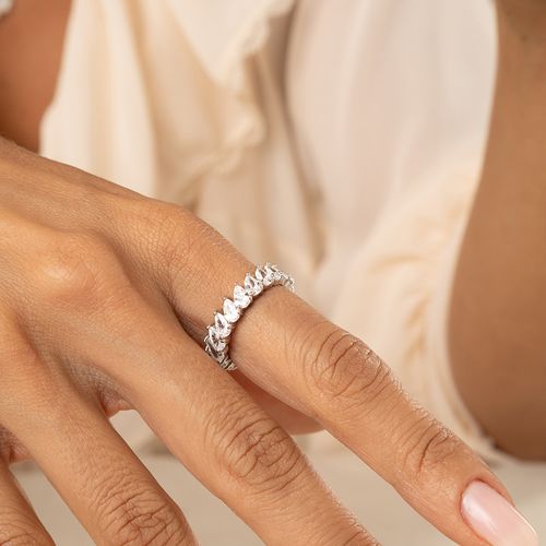 Anel Aliança Inteira Gotas com Zircônias Brancas - Prata 925