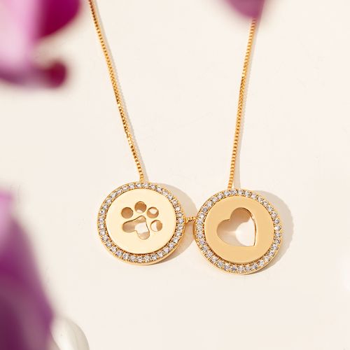 Colar Escapulário Pets e Coração com Zircônias Brancas 66cm - Banho de Ouro 18k