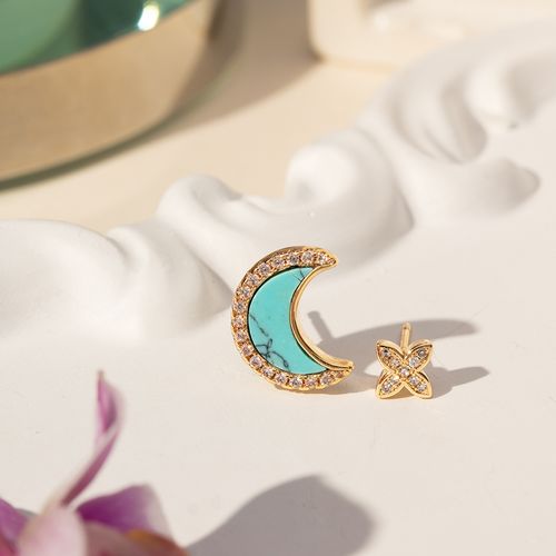 Brinco Lua de Raolita Turquesa e Estrela com Zircônias Brancas - Banho de Ouro 18k