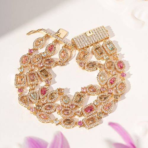 Pulseira Formas Maxi com Cristal Turmalina Rosa, Cristal Topázio Azul, Cristal Rodolita e Zircônias Brancas 17,5cm - Banho de Ouro 18k