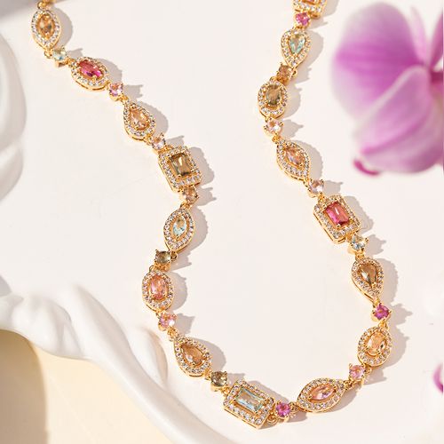 Colar Riviera Formas Maxi com Cristal Turmalina Rosa, Cristal Topázio Azul, Cristal Rodolita e Zircônias Brancas 42cm - Banho de Ouro 18k