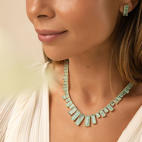 Colar Inteiro Retângulos de Fusion Esmeralda Colombiana 43cm - Banho de Ouro 18k