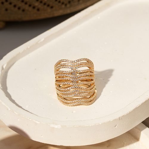 Anel Curvas 6 em 1 com Zircônias Brancas - Banho de Ouro 18k