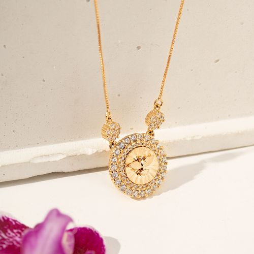 Colar Divino Espírito Santo com Zircônias Brancas 47cm - Banho de Ouro 18k