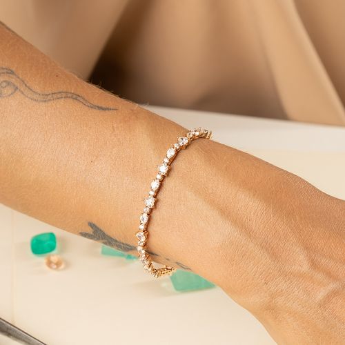 Pulseira Riviera com Corações e Ovais de Zircônias Brancas 17cm - Banho de Ouro 18k