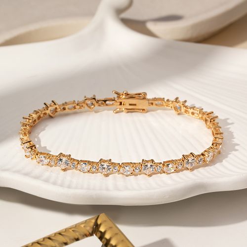 Pulseira Riviera com Corações e Ovais de Zircônias Brancas 17cm - Banho de Ouro 18k