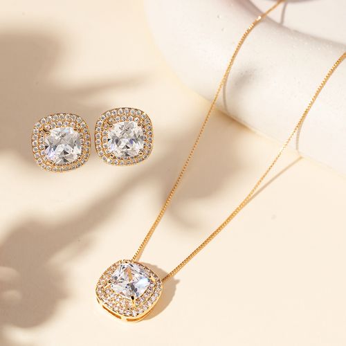 Conjunto Brinco e Colar Quadrado com Zircônias Brancas 50cm - Banho de Ouro 18k