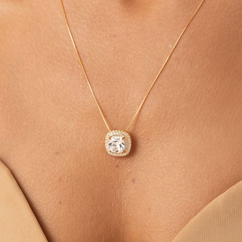 Conjunto Brinco e Colar Quadrado com Zircônias Brancas 50cm - Banho de Ouro 18k
