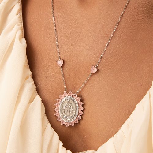 Colar Medalha de Nossa Senhora das Graças com Corações de Fusion Morganita e Zircônias Brancas 60cm - Prata 925