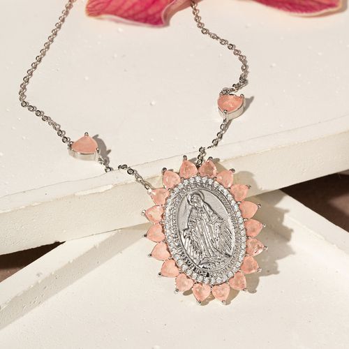 Colar Medalha de Nossa Senhora das Graças com Corações de Fusion Morganita e Zircônias Brancas 60cm - Prata 925