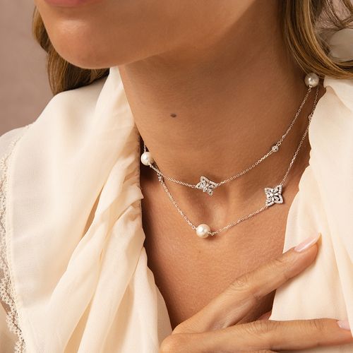 Colar Flores Longo com Pérolas Shell e Zircônias Brancas 80cm - Prata 925