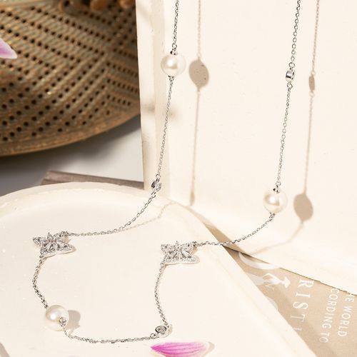 Colar Flores Longo com Pérolas Shell e Zircônias Brancas 80cm - Prata 925