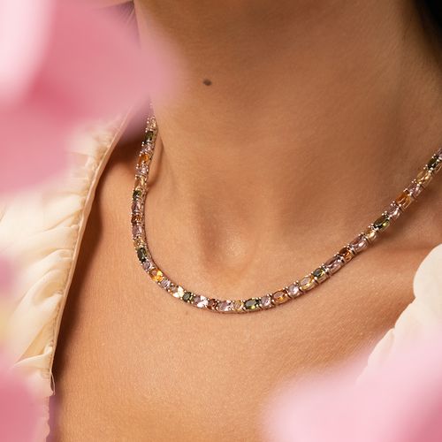 Colar Riveira Inteira Ovais e Redondos com Cristal Turmalina 42cm - Prata 925