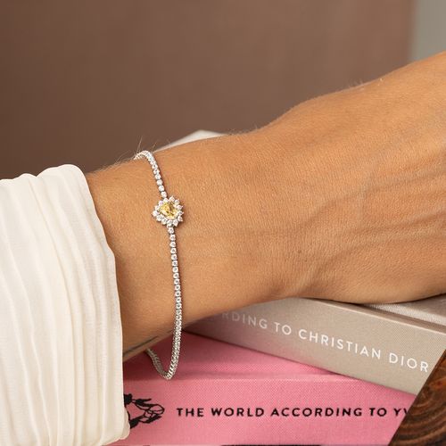Pulseira Coração Zircônia Premium Fancy Yellow e Zircônias Brancas 17,5cm - Prata 925