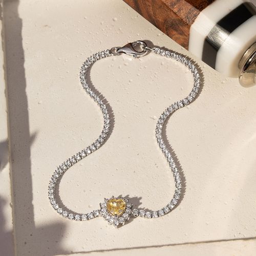 Pulseira Coração Zircônia Premium Fancy Yellow e Zircônias Brancas 17,5cm - Prata 925