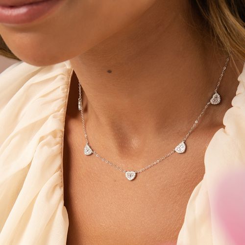 Colar Cinco Corações com Zircônias Brancas Baguetes 50cm - Prata 925