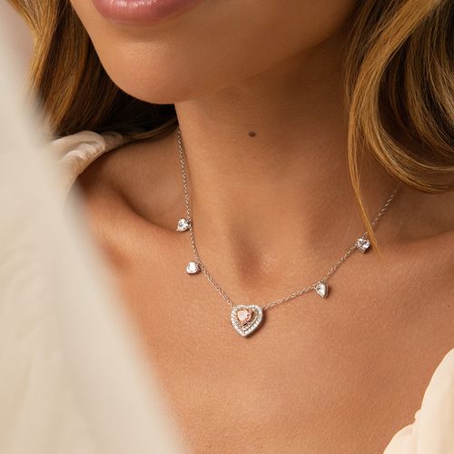 Colar Coração com Zircônias Premium Morganita e Zircônias Brancas 50cm - Prata 925