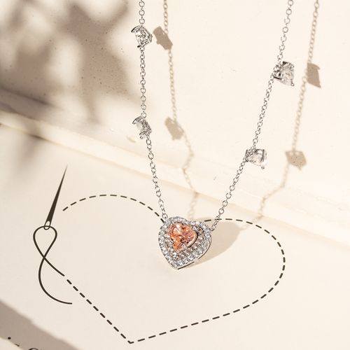Colar Coração com Zircônias Premium Morganita e Zircônias Brancas 50cm - Prata 925