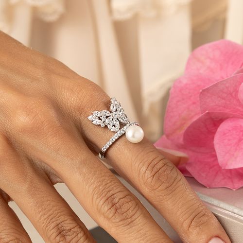 Anel Borboleta com Pérolas de Água Doce e Zircônias Brancas - Prata 925