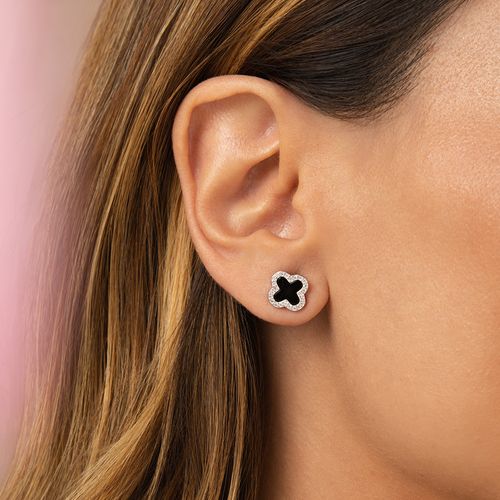 Brinco Trevo com Onix Lab e Zircônias Brancas - Prata 925
